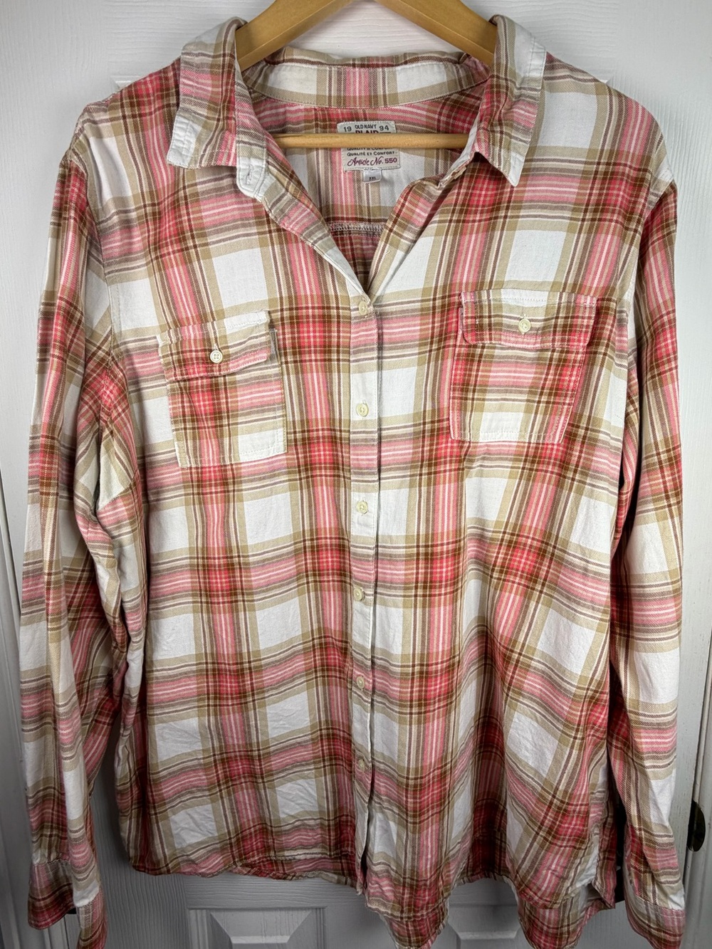 Old Navy 1994 Plaid Button-Down Shirt XXL Cream Pink Tan 90s Vintage Cabincore